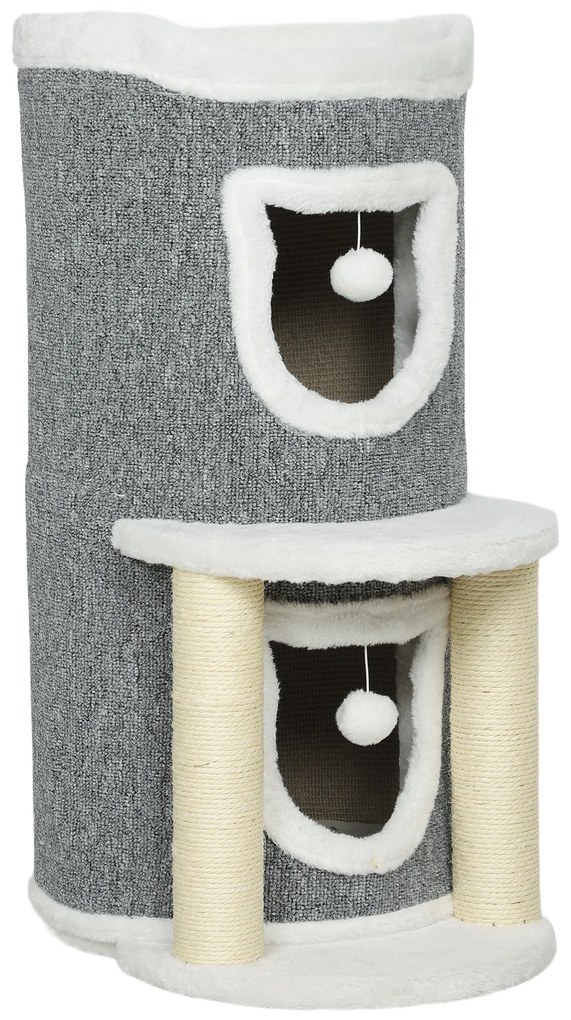 PawHut Arranhador para Gatos com Cama 2 Cavernas Postes de Sisal Tapete de Arranhar e Bolas para Brincar 50x36x76 cm Cinzento | Aosom Portugal