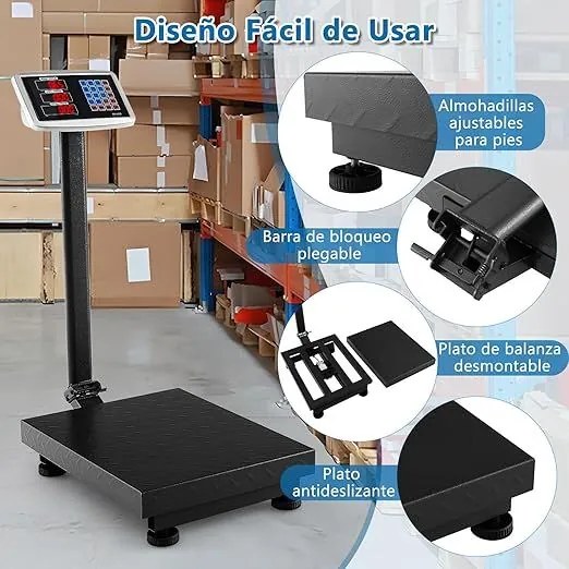 Balança industrial digital computadorizada de 300 kg Balança de plataforma com calculadora de preço Ecrã LED transparente Preta