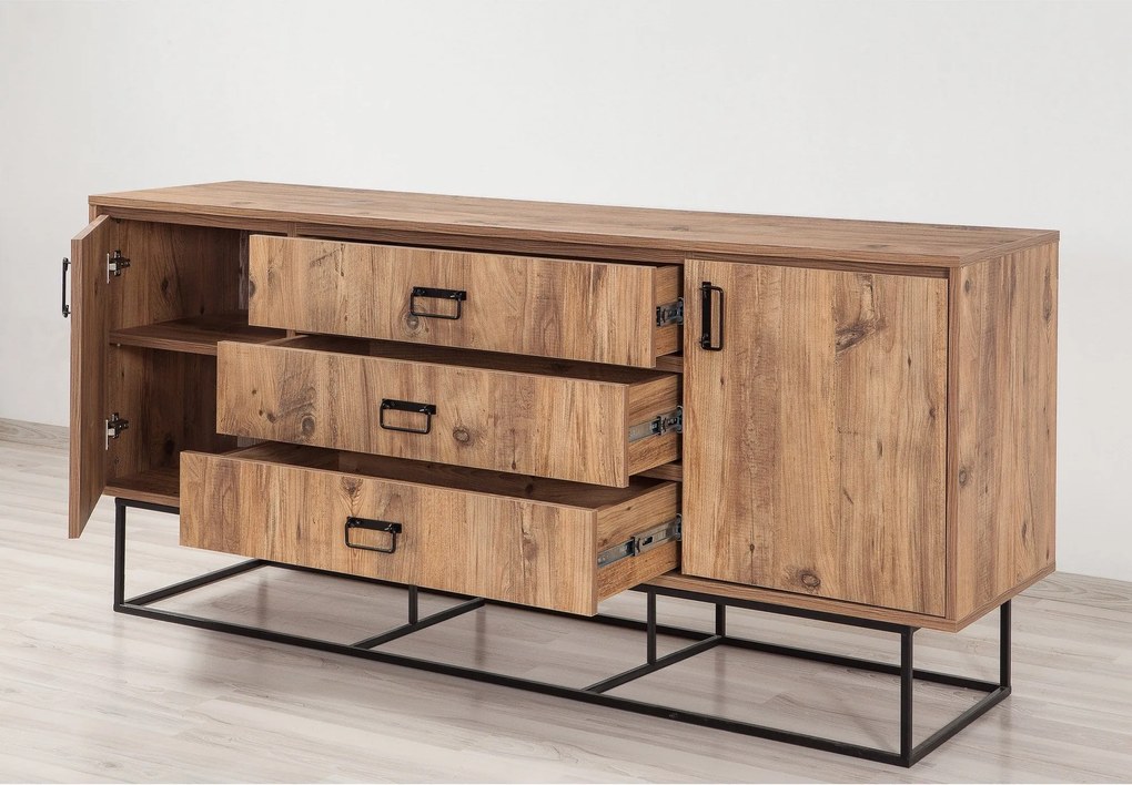 Aparador Mare com Gavetas – Pinho Atlântico e Preto - 180 x 80 x 45 cm