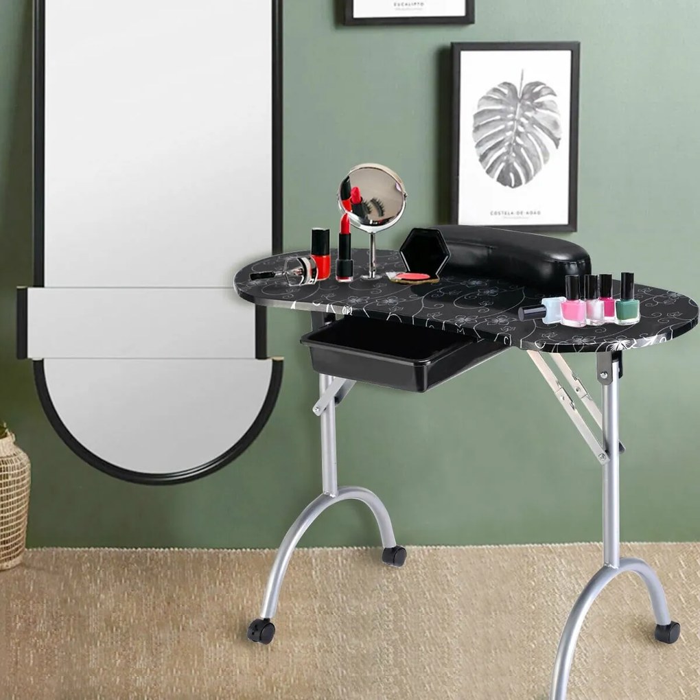 Mesa de manicure dobrável com coletor de pó elétrico, mesa de cosméticos portátil com luminária de mesa LED dobrável, rosa