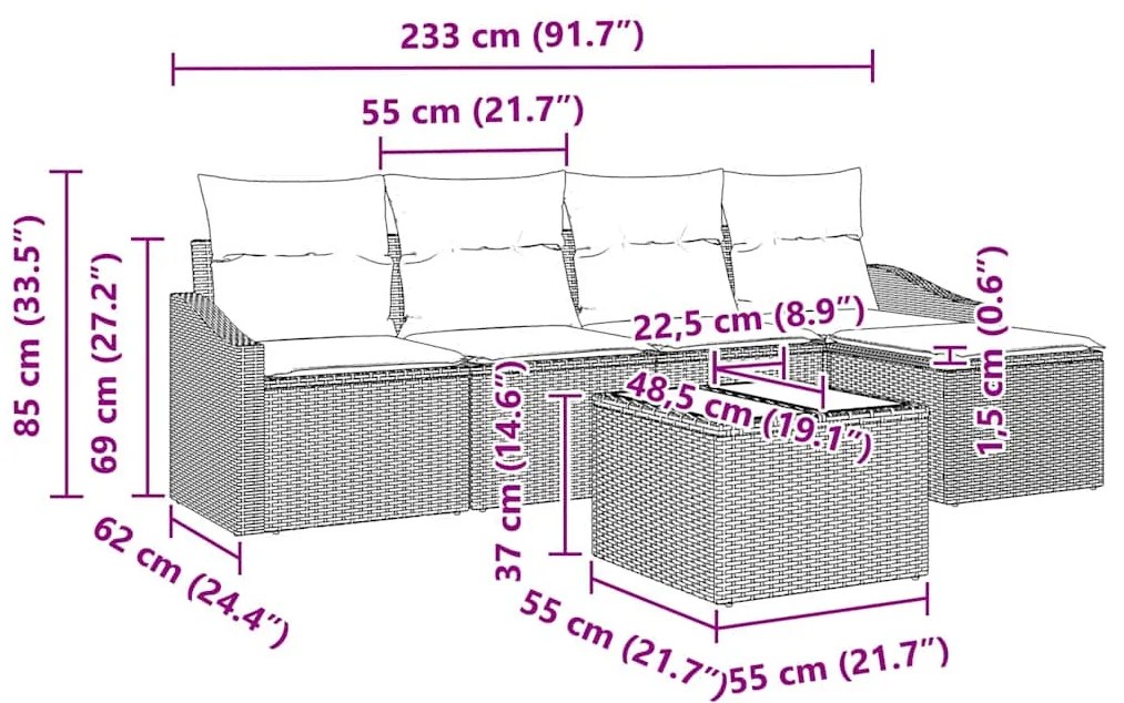 Conjunto de Sofá de Jardim 6 Peças com Almofadas Cinza de Poliratan.