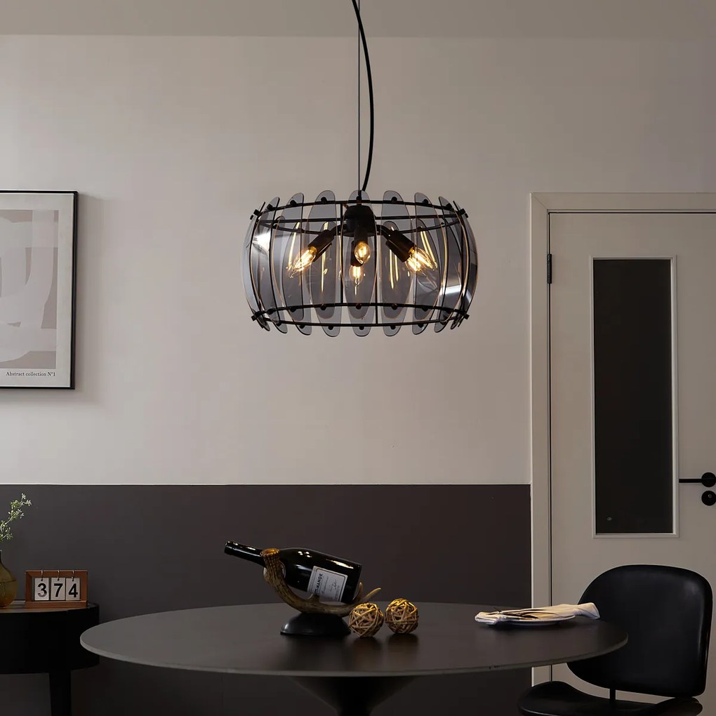 Candeeiro suspenso de design preto com vidro fumado redondo 6 luzes - Mochan