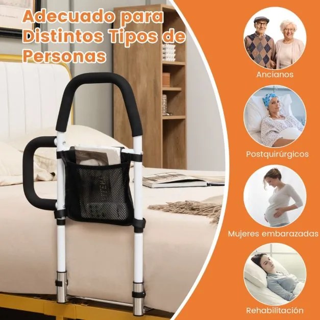 Grade de segurança para cama com corrimão duplo de bolso e cinta de fixação Carga 136 kg 61 x 40 x 64 cm Branco