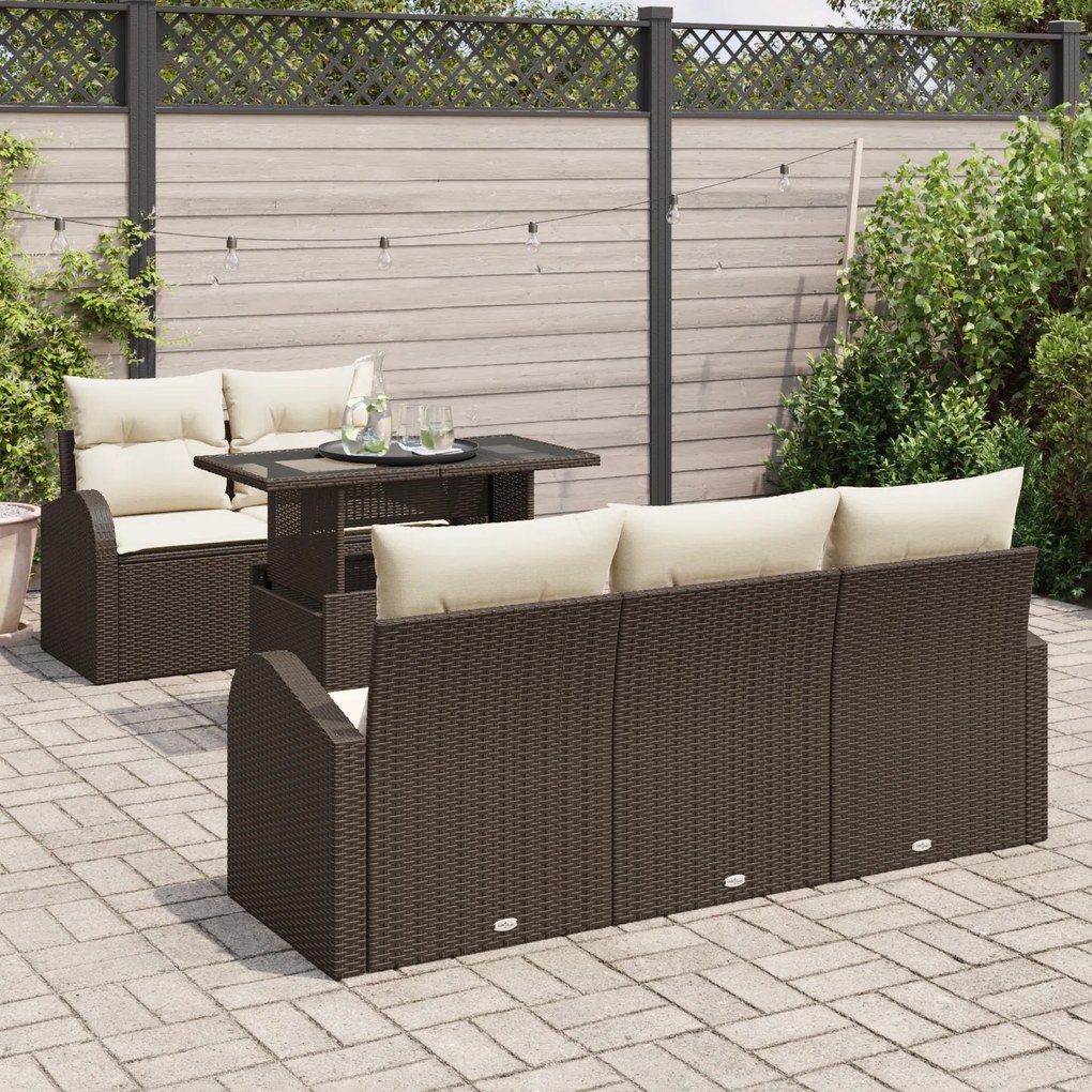 Conjunto de Sofá de Jardim de 6 Peças com Almofadas em Vime Castanho P