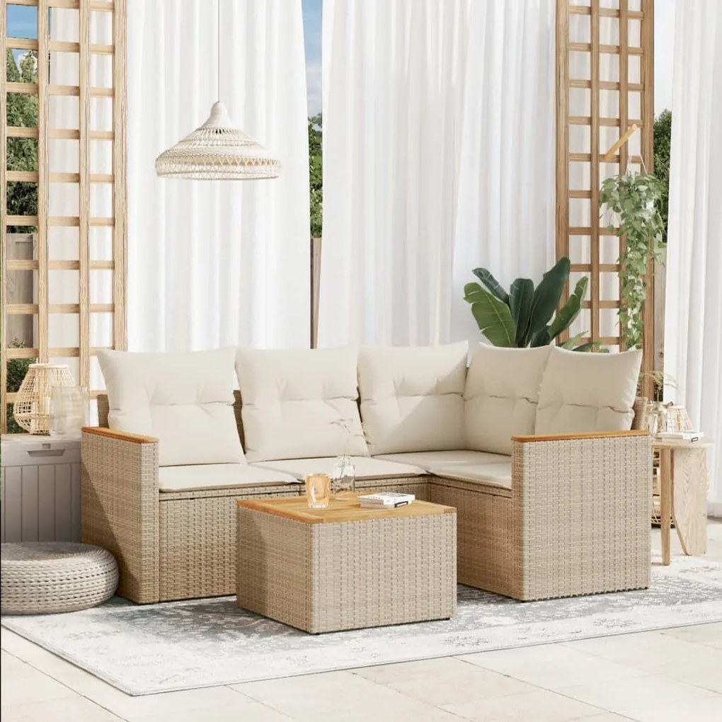 vidaXL 5 pcs conjunto de sofás p/ jardim com almofadões vime PE bege