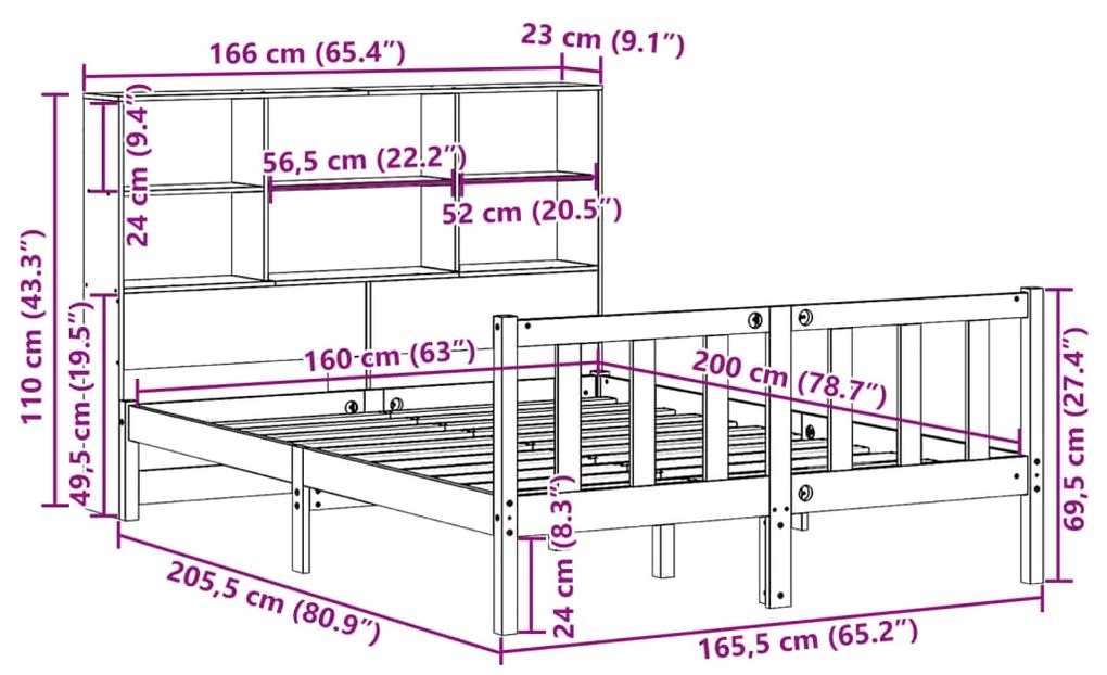 Cama com estante sem colchão 160x200 cm pinho maciço branco