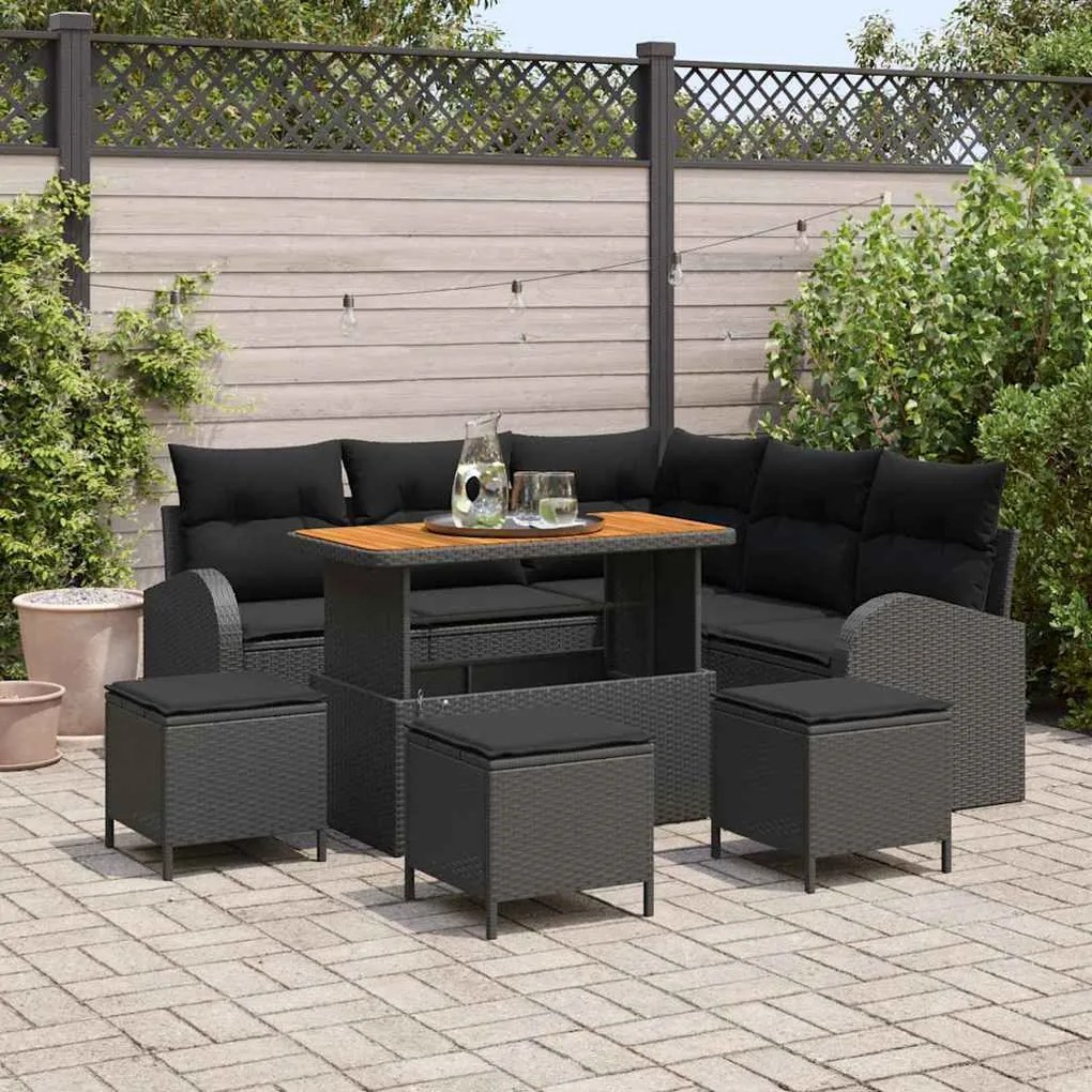 Conjunto de Sofá de Jardim vidaXL de 9 peças com Almofadas Preto Vime Acácia