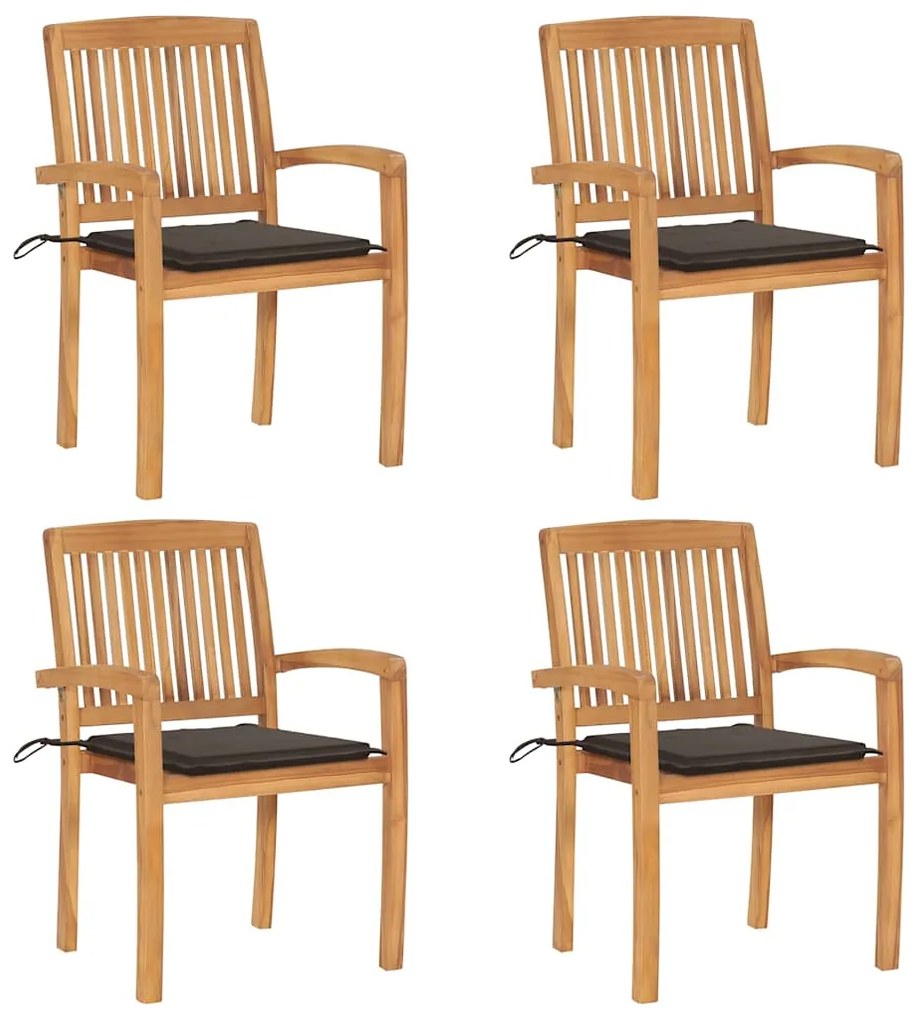 vidaXL Cadeiras de jardim empiháveis c/ almofadões 4 pcs teca maciça