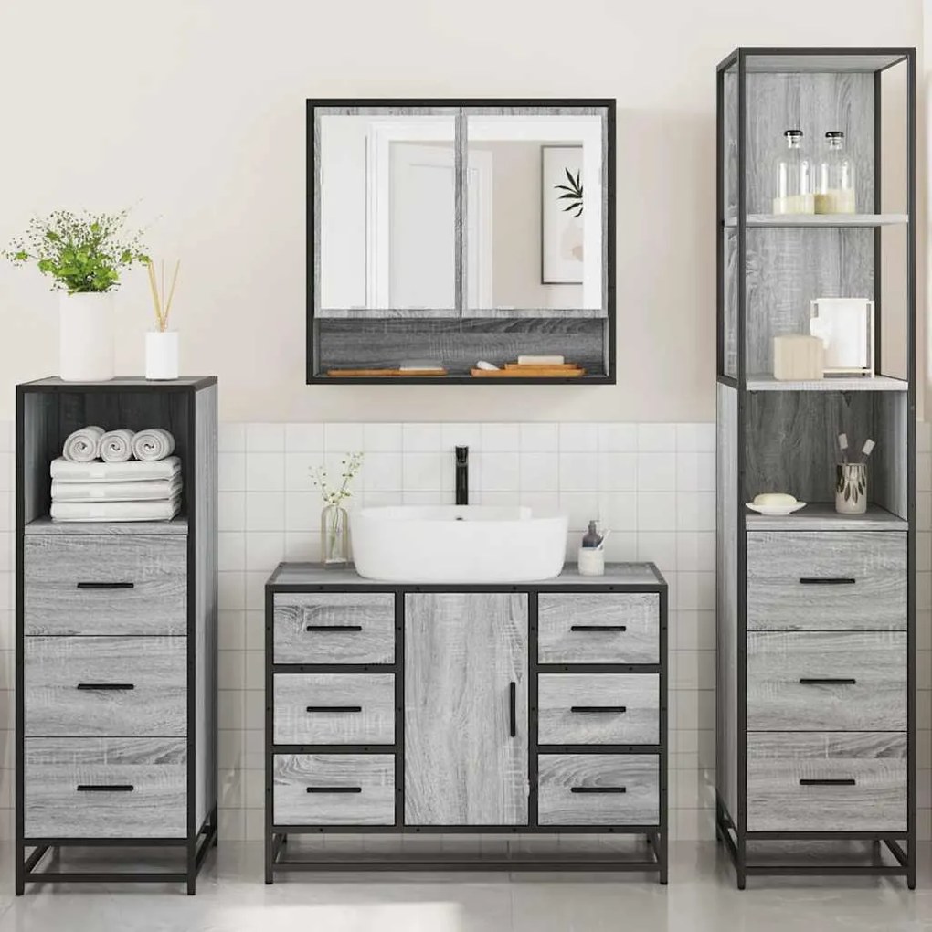 4 pcs Conjunto móveis casa de banho madeira proc. cinza sonoma