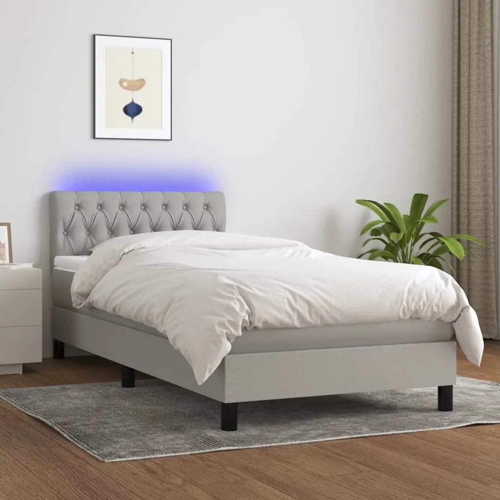 Cama box spring c/ colchão e LED 90x190 cm tecido cinza-claro