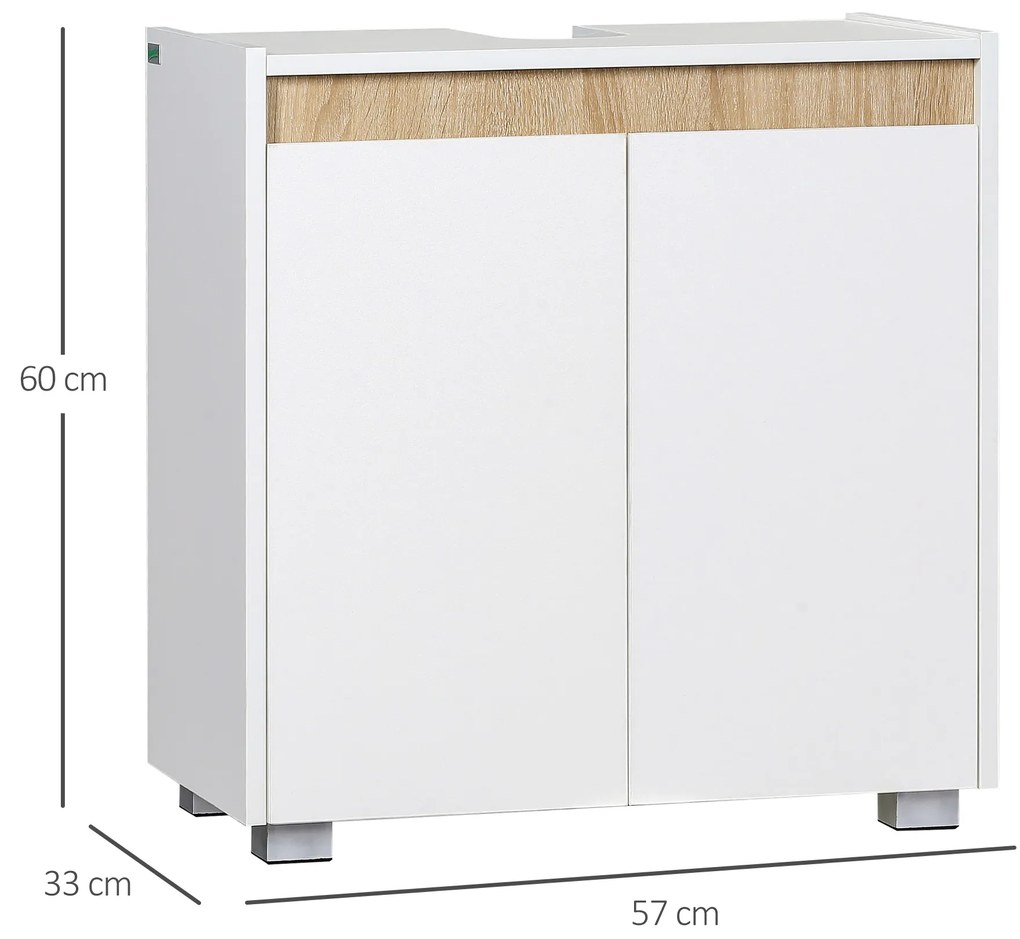 Móvel para Lavatório Pousar Armário Casa de Banho com 2 Portas e Armazenamento Interior Anti-Tombo 57x33x60cm Branco e Madeira