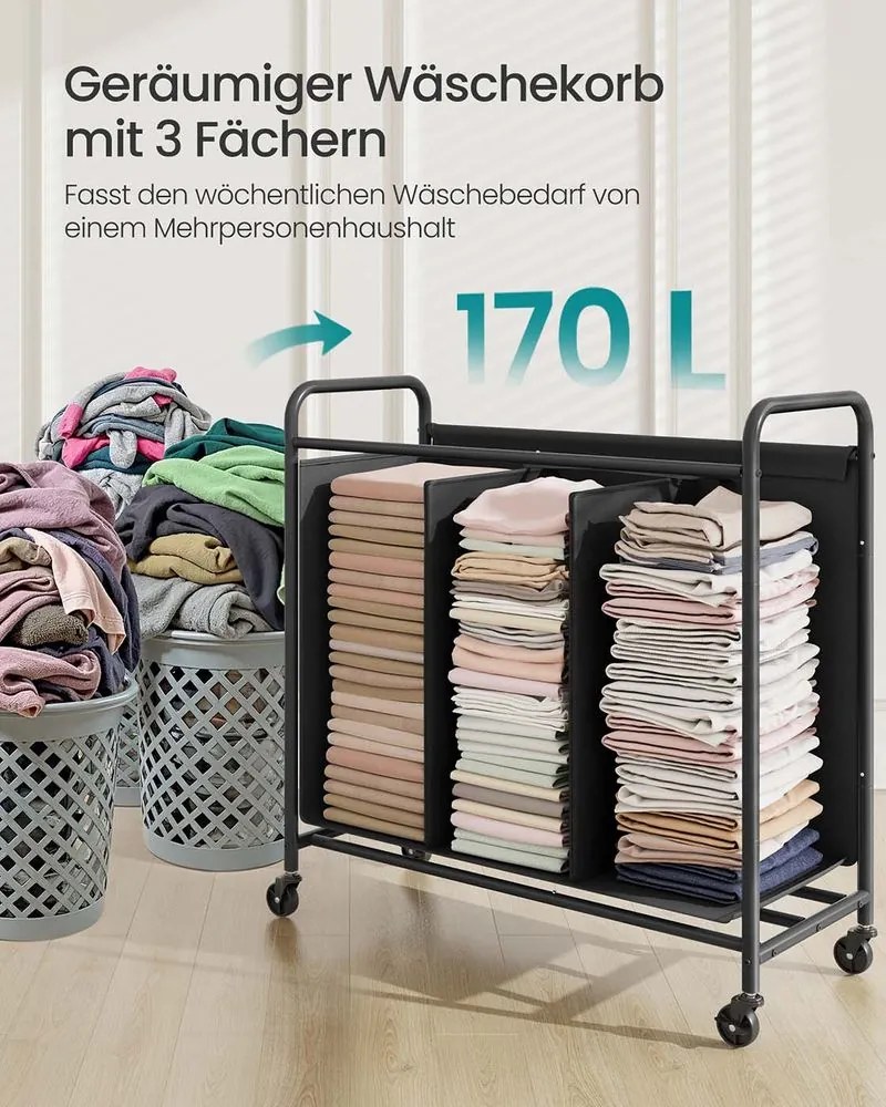 Cesto da roupa suja 170 L com rodas e 3 compartimentos Preto