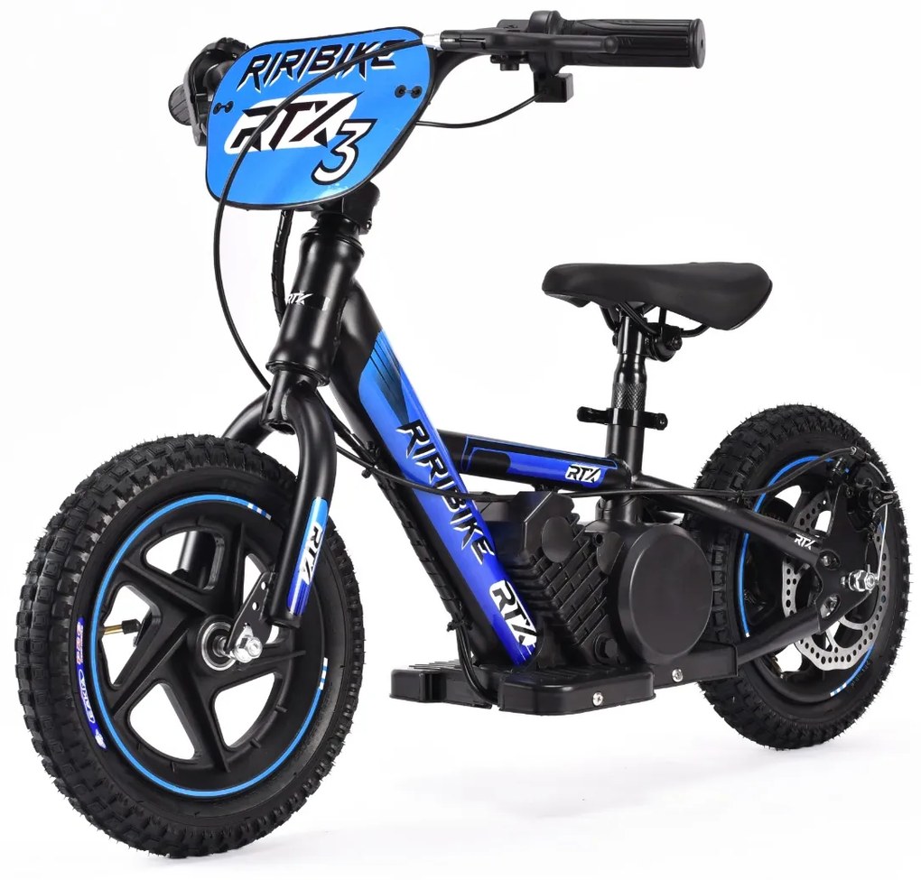 Bicicleta eléctrica para crianças RIRIBIKE RTX3 24V (12"), bateria de lítio, motor de 100W, travão de disco, assento ajustável em PU macio Azul