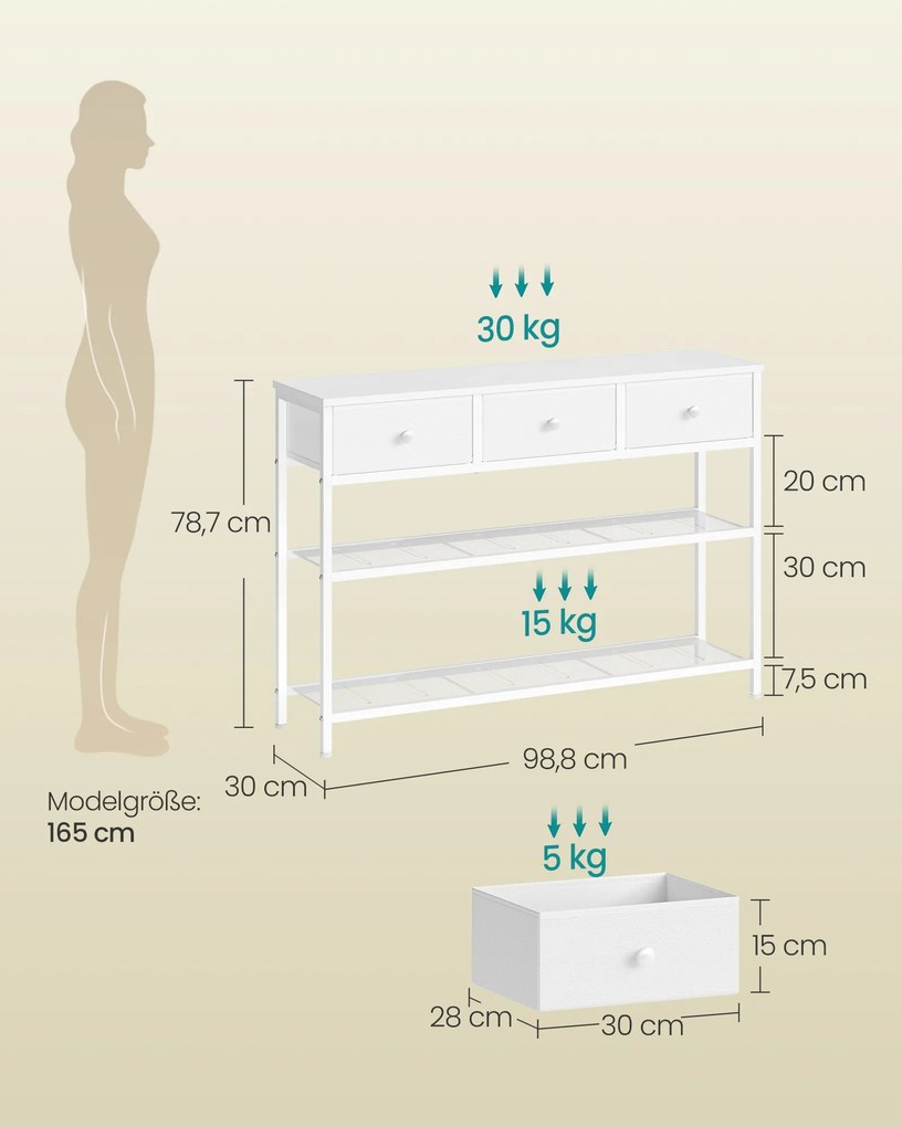 Mesa consola 98,8 x 30 x 78,7 cm, 3 gavetas tecido branca