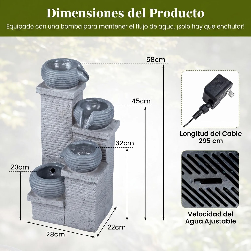Fonte de Cascata de 4 Níveis, 28 x 22 x 58 cm, com Luz LED, Cinzento