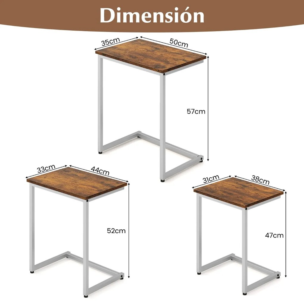 Conjunto de 3 mesas de centro empilháveis ​​em forma de C com estrutura metálica de superfície de madeira Castanho