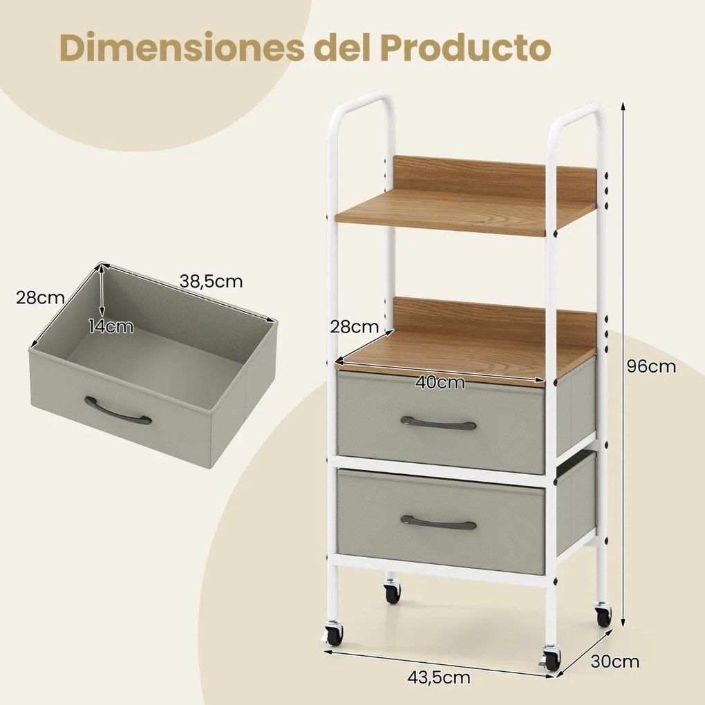 Carrinho de armazenamento móvel 30 x 43,5 x 96 cm com rodas de cozinha ou escritório com Suporte para impressora com 2 prateleiras abertas e 2 gavetas