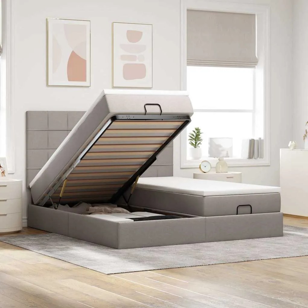 vidaXL Estrutura de cama otomana com colchões tecido cinzento