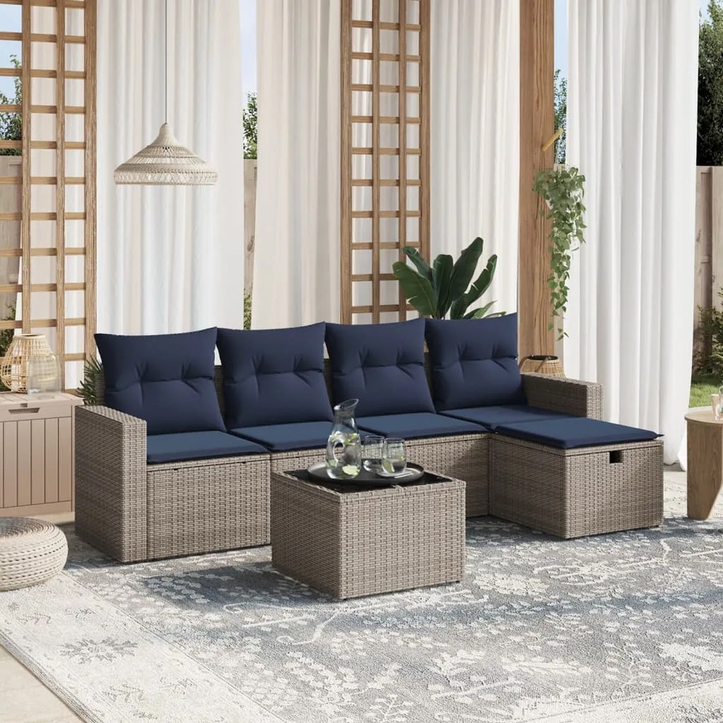 vidaXL 6 pcs conjunto sofás p/ jardim c/ almofadões vime PE cinzento