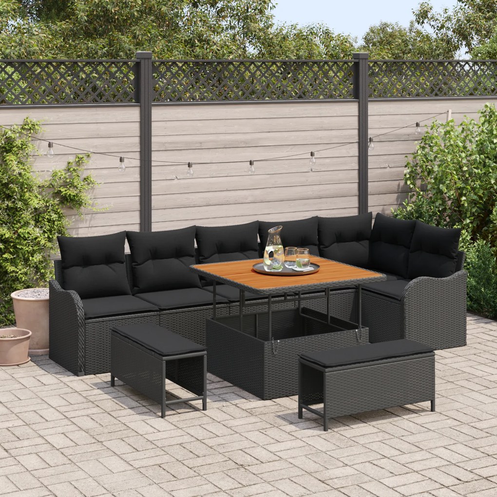 Conjunto de Sofá Modular para Jardim de 9 Peças com Almofadas Preto Rattan Sintético Acácia