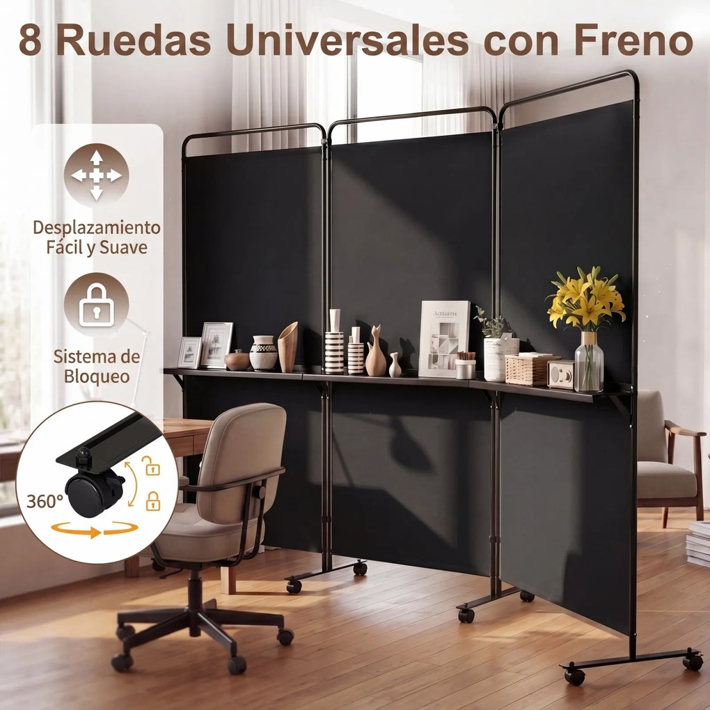 Biombo Dobrável de 3 Painéis, 259 x 44 x 188 cm, Com Rodas Bloqueáveis, Preto