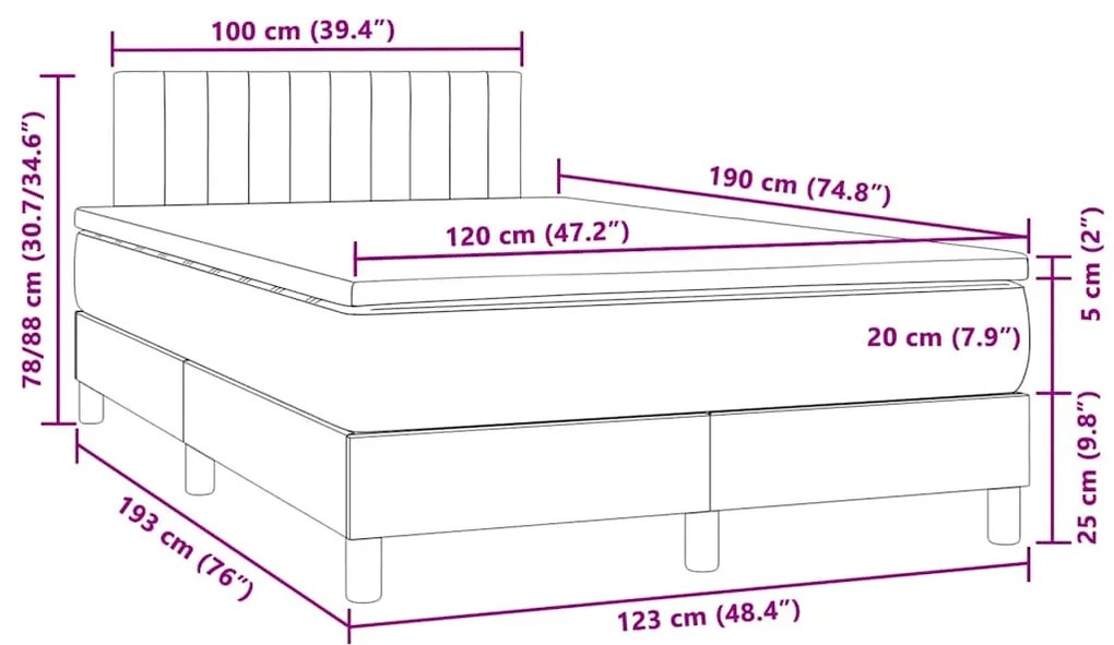 Cama box spring c/ colchão e LED 120x190 cm couro artif. preto