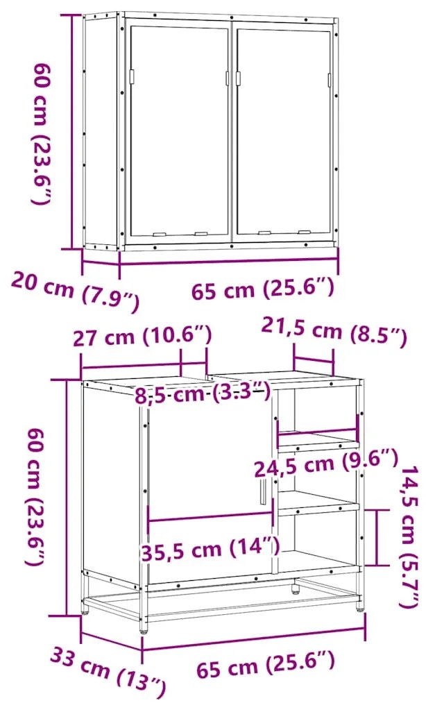 2 pcs conjunto móveis WC derivados de madeira sonoma cinza