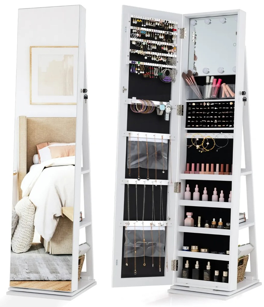 Armário giratório de 360° para joias com espelho de corpo inteiro 43 x 38 x 160 cm e prateleiras Espelho de maquilhagem Branco