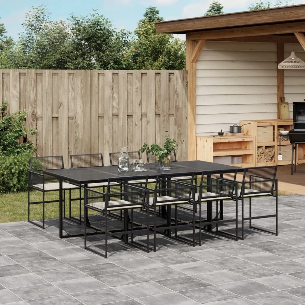 vidaXL 9 pcs conjunto de jantar p/ jardim c/ almofadões vime PE preto