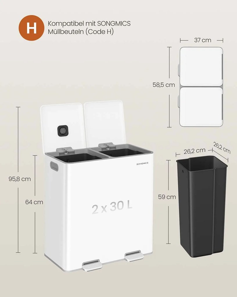 Caixote do lixo 58,5 x 37 x 64 cm com dois compartimentos de 30 litros, pedal com fecho suave e baldes interiores Branco