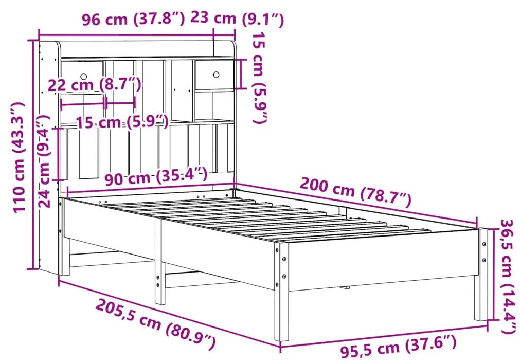 Cama com estante sem colchão 90x200cm pinho maciço castanho-mel