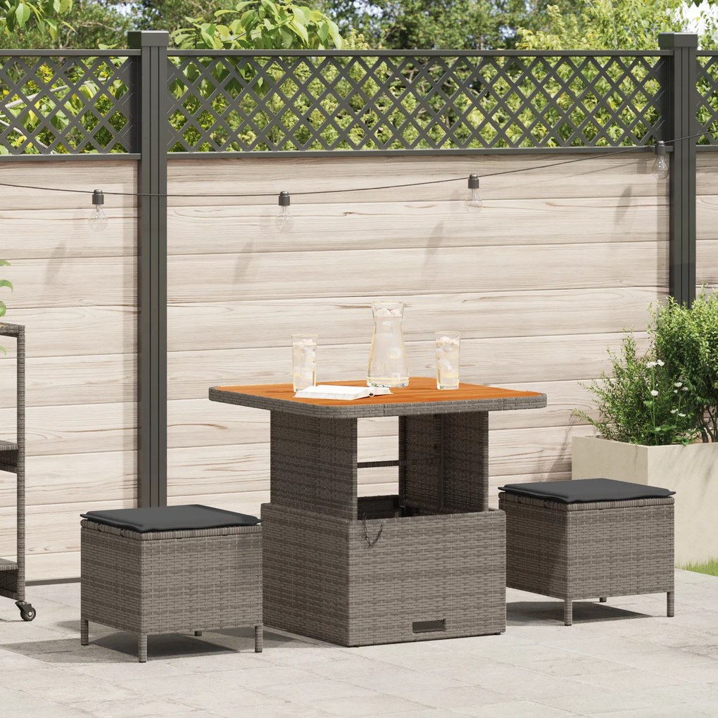 Conjunto de Jantar de Jardim em 3 Peças com Almofadas Cinza em Rattan de Polietileno e Acácia