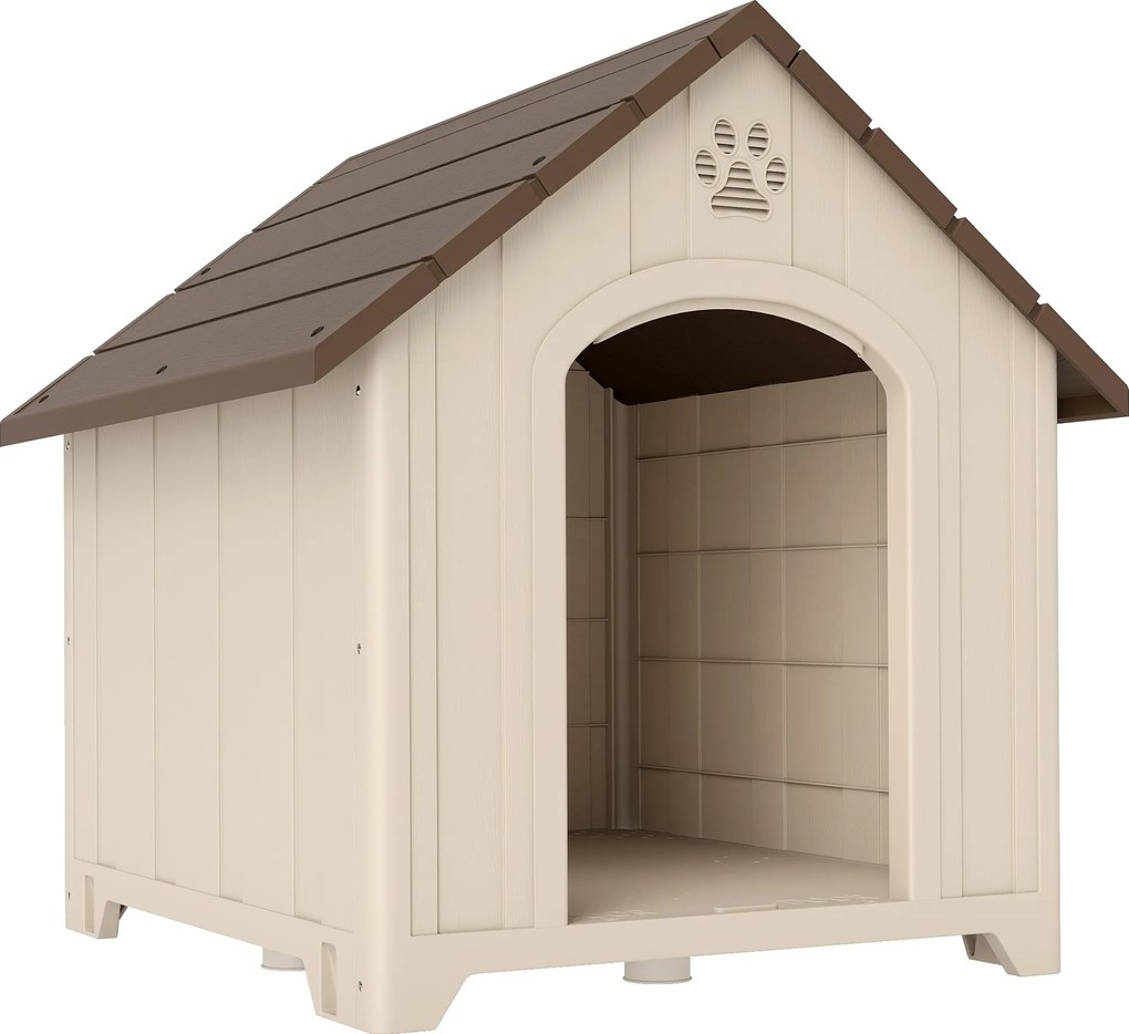 Casota para Cães Exterior Extragrande em Plástico com 2 Janelas, Base Elevada e Estacas Bege