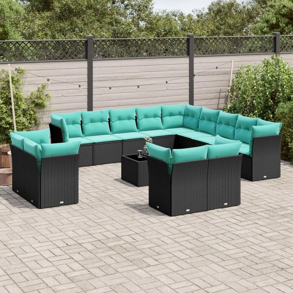 vidaXL 14 pcs conjunto de sofás p/ jardim c/ almofadões vime PE preto