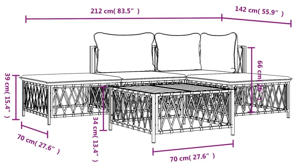 5 pcs conjunto lounge de jardim com almofadões aço branco