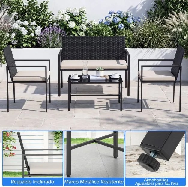 Conjunto de jardim de 4 peças em rattan para exterior: cadeiras, sofá, mesa de centro em vidro temperado e almofadas macias; ideal para jardim, alpend