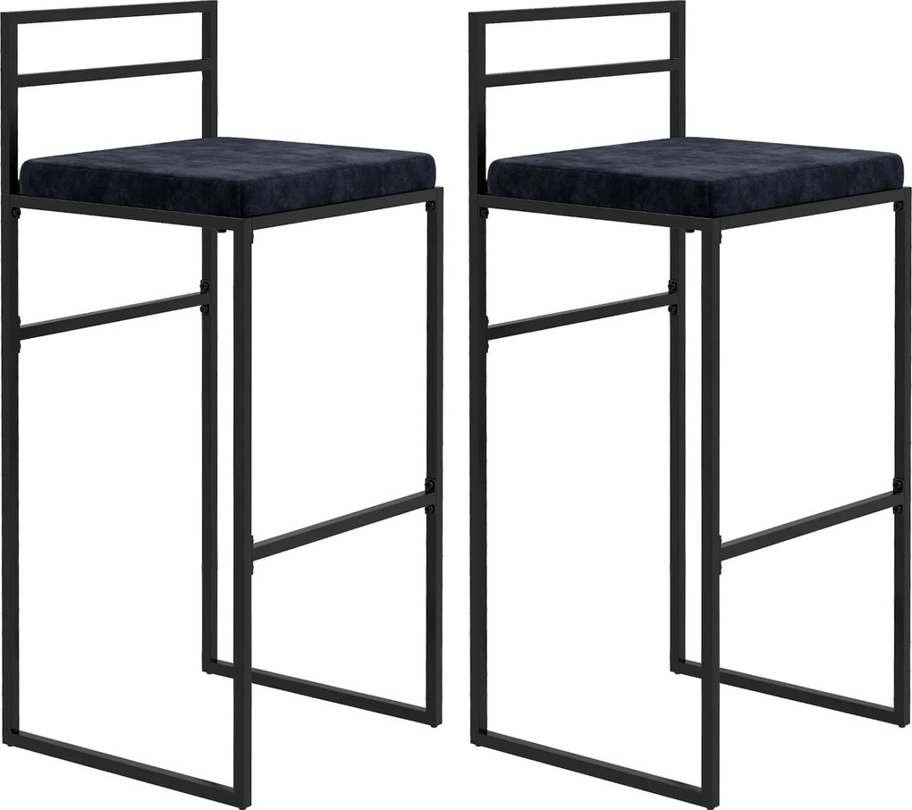 Conjunto de 2 cadeiras de bar com assento alto, almofada de veludo e apoio para os pés, altura 74 cm, preto