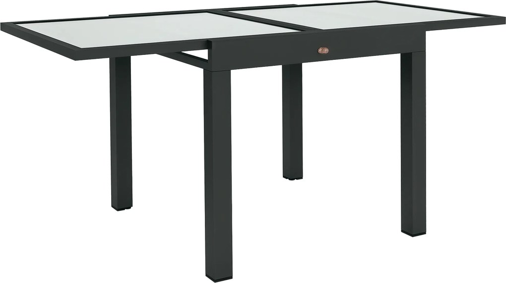 Mesa de jardim extensível dimensões quando aberta: 160 x 80 x 75 cm; estrutura em alumínio; tampo em vidro temperado transparente