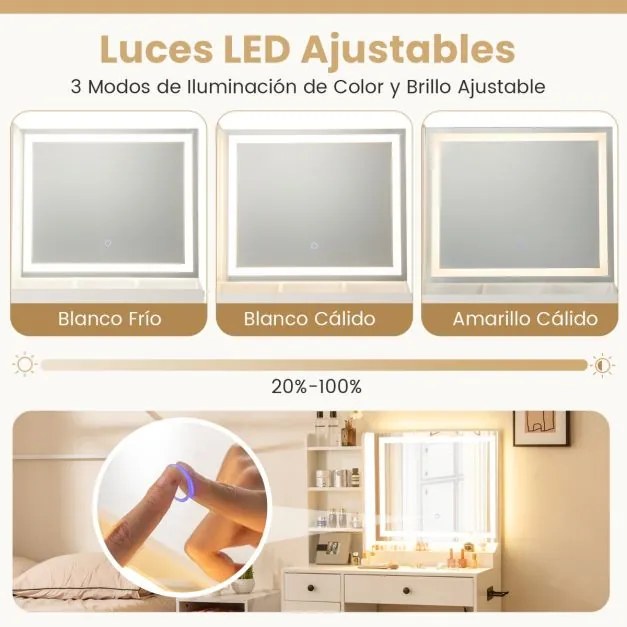 Toucador com banco, espelho e luzes LED reguláveis com estação de carregamento, 3 prateleiras abertas, 2 gavetas, 90 x 40 x 135 cm, branca