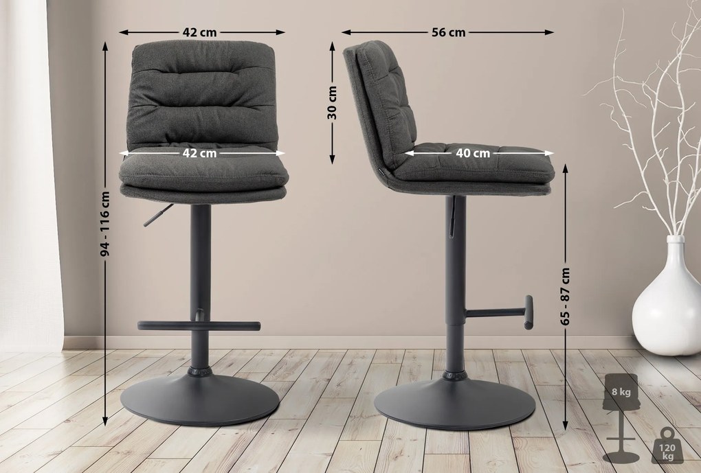 Banco de bar Damar em tecido com estrutura preta 94-116 x 42 x 56 cm Cinzento escuro