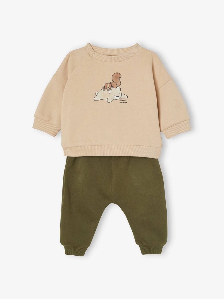 Conjunto sweat e calças em moletão, para bebé verde escuro liso com motivo