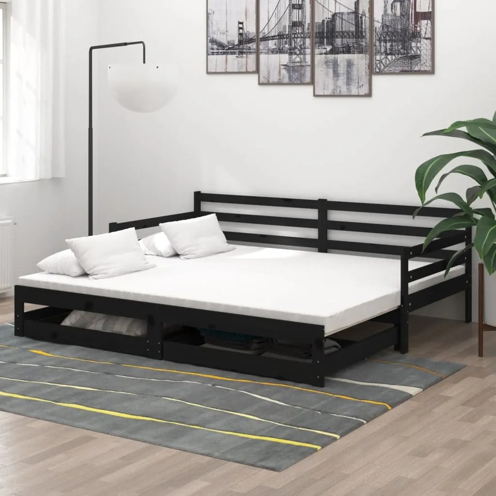 3083703 vidaXL Estrutura sofá-cama de puxar 2x(90x200) cm pinho maciço preto