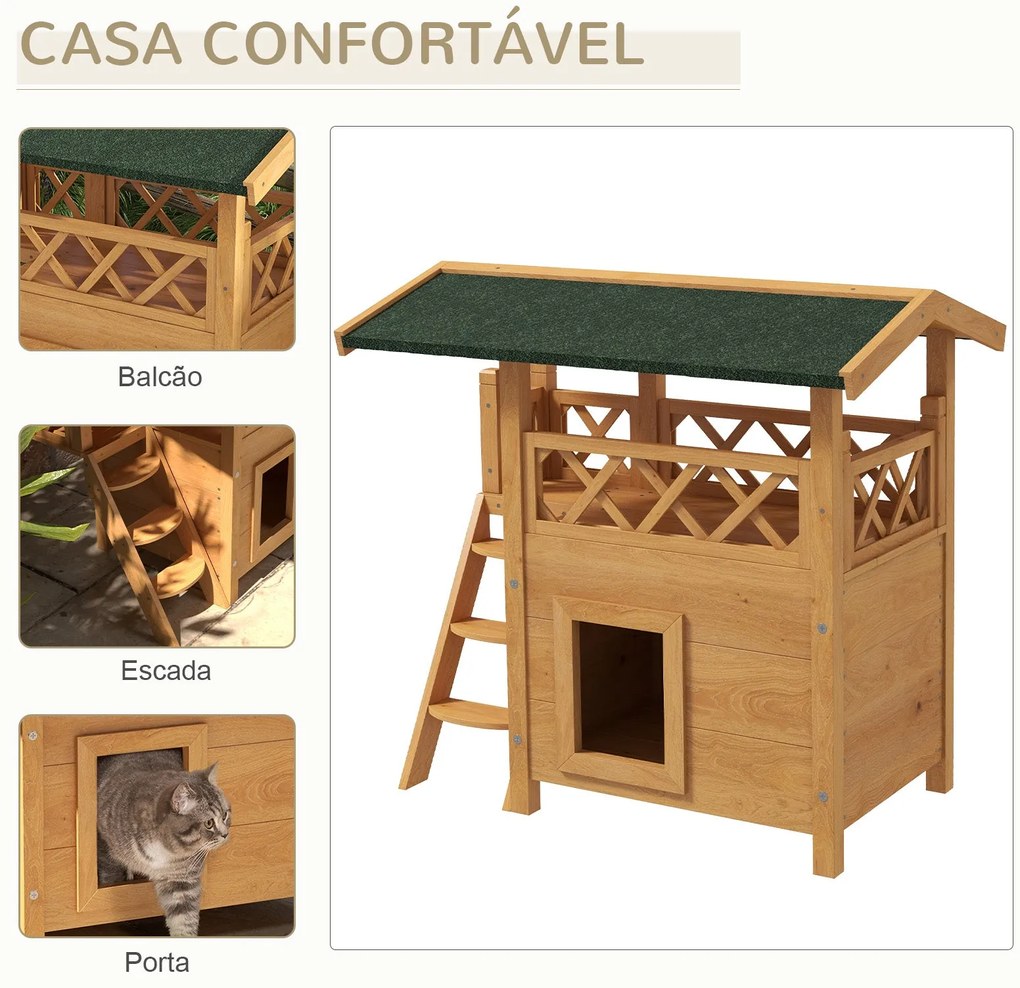 PawHut Casa para Gatos de Madeira 77x50x73 cm Casa para Gatos com 2 Ní