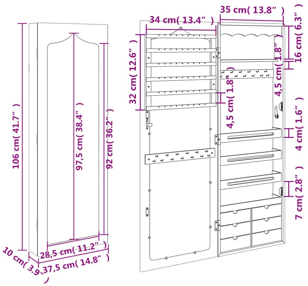 Móvel para joias de parede espelhado 37,5x10x106 cm branco