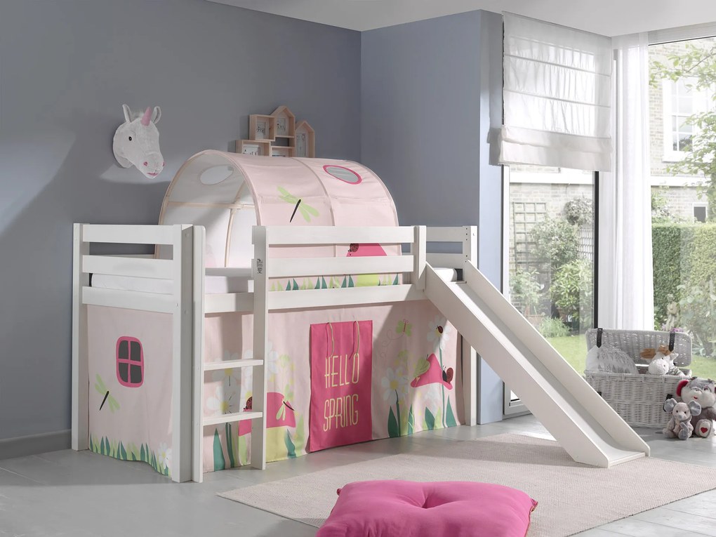 Conjunto Cama alta de Criança PINO 90 x 200 cm + estrado + escada + escorrega + cortina + túnel Primavera branca