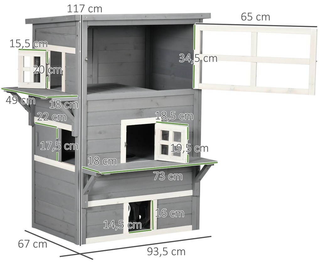 PawHut Casa para Gatos de Madeira Exterior Casa Grande para Gatos de 3 Andares com Múltiplas Entradas Janelas e 2 Plataformas para Terraço Balcão Jardim 98x68,5x122cm Cinza