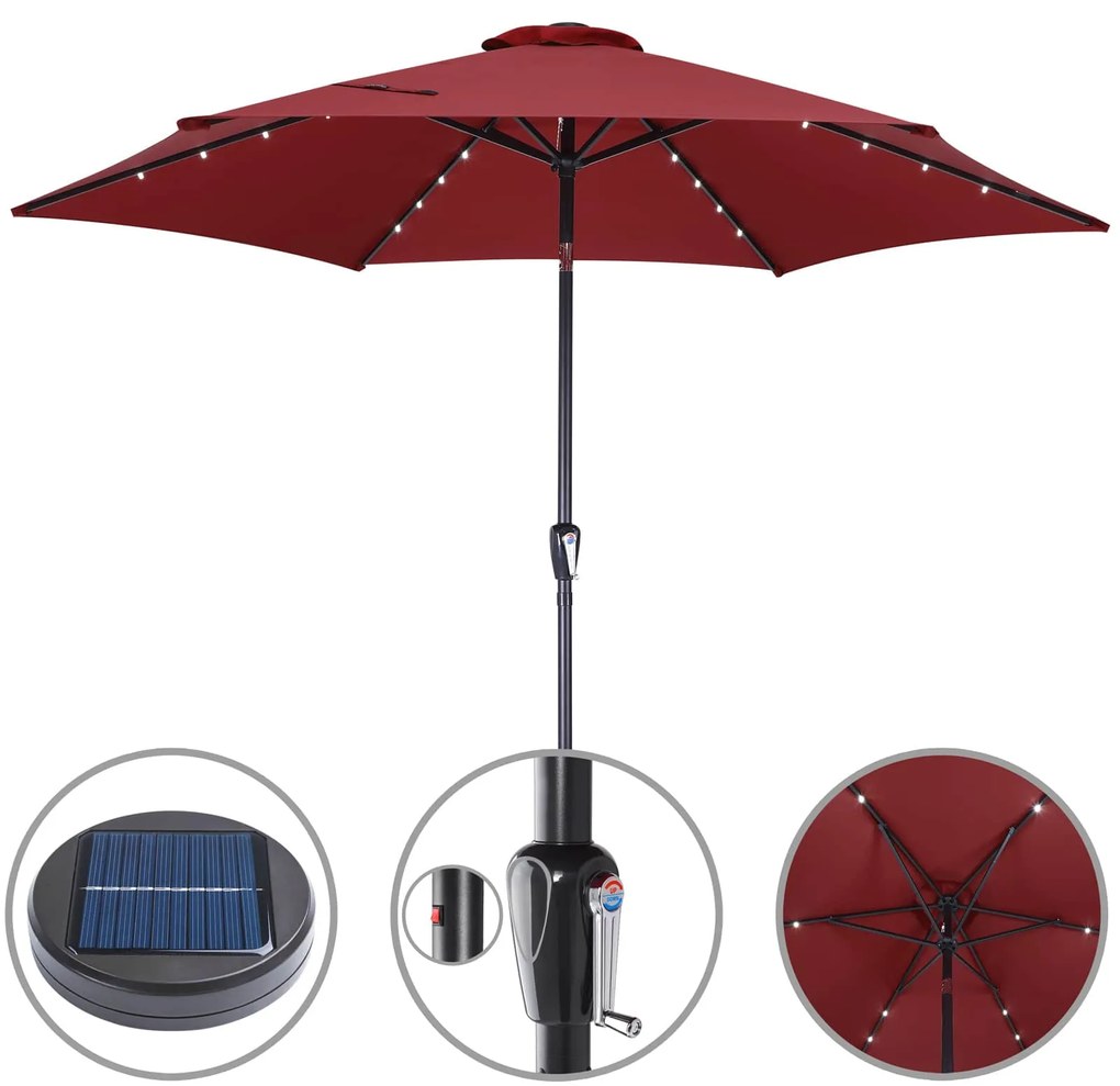 Guarda-sol Miami em alumínio com iluminação LED e Proteção UV 80+, Ø270 x 236 cm Vermelho