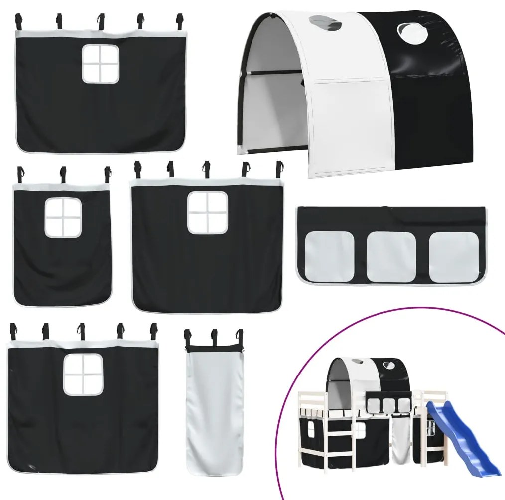 Cama alta criança c/ túnel 90x190 cm pinho maciço branco/preto