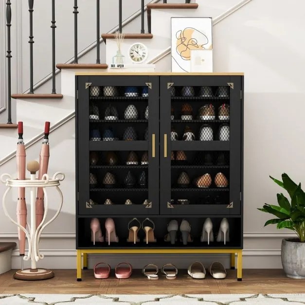 Sapateira de 7 níveis 80 x 37 x 106 cm com portas de malha Organizador moderno para sapatos em madeira com prateleiras ajustáveis Preto