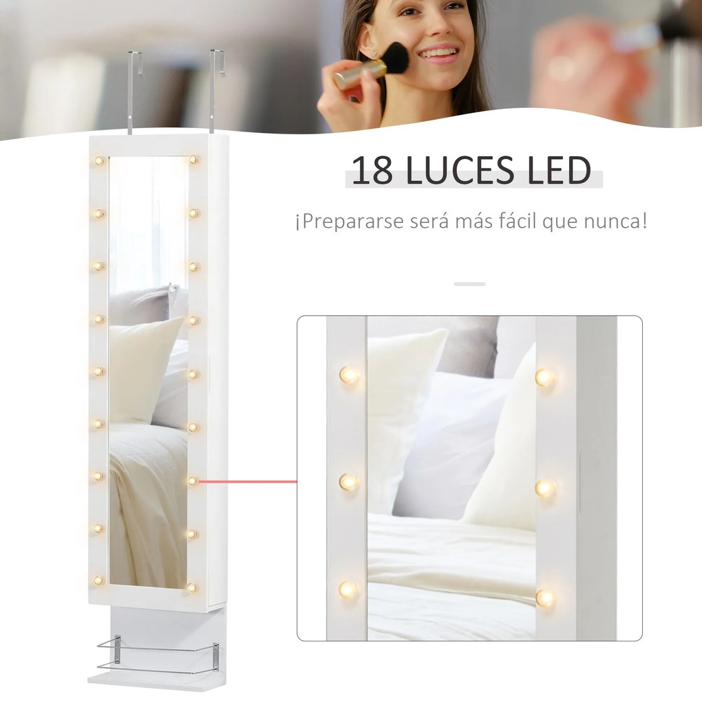 HOMCOM Espelho com Móvel de Bijuterias de Parede ou Porta Armário Guarda Jóias com 18 Luzes LED Altura Ajustável e Prateleira Aberta Organizador de Jóias 31,7x13,4x130cm Branco